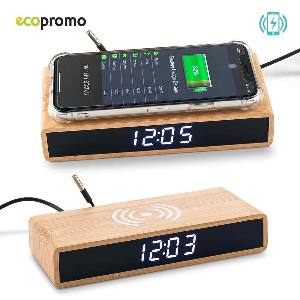 Cargador Inalámbrico Con Reloj Bamboo personalizado con logo